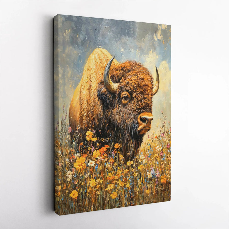 American Bison Canvas Wall Art | Impressionist Wildflower Meadow Print | Premium Gallery-Wrapped Portrait | Wildlife Farmhouse Home Decor Gift