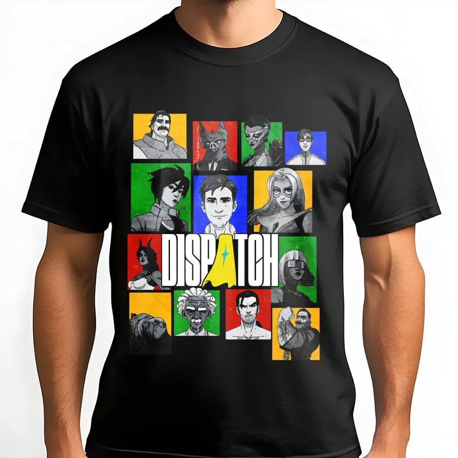 Dispatch Superhero Grid T-Shirt | Retro Anime Character Graphic Print | Premium 100% Cotton Apparel | Gaming Fan Gift for Men and Women