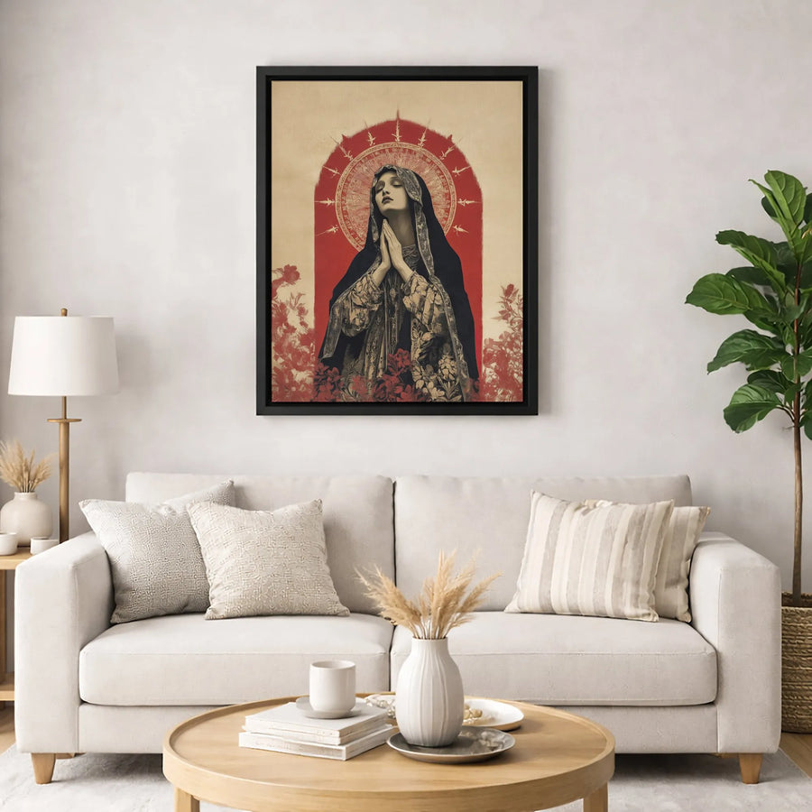Religious Madonna Wall Art | Praying Woman With Red Halo Portrait | Premium Gallery Wrapped Canvas | Spiritual Home Decor Gift