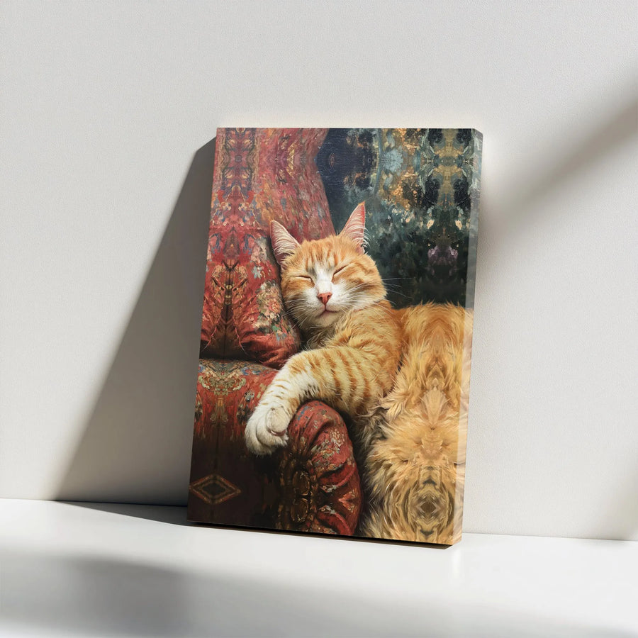 Sleeping Orange Tabby Cat Vertical Canvas | Vintage Oil Painting Style Cozy Feline Wall Art | Premium 1.25” Gallery Wrap | Cute Pet Lover Gift, Cozy Home Decor