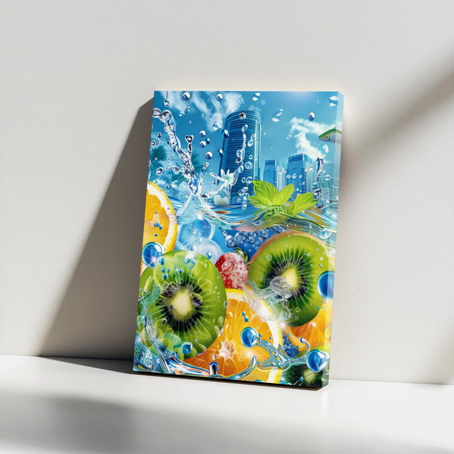 Fruit Splash Canvas Art | Vibrant Kiwi Orange Mint Water Wall Decor | 1.25-Inch Gallery Wrap Print | Modern Kitchen and Dining Room Wall Decor
