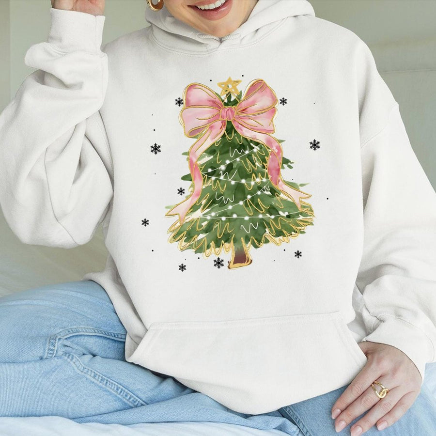 Christmas Tree Hoodie | Watercolor Aesthetic Bow Graphic | Soft Cotton-Blend Pullover | Festive Gift for Women & Teens