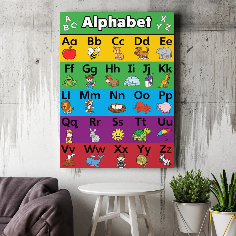 Educational Alphabet Vertical Canvas | Colorful Cartoon Animals & Objects | Premium Gallery Wrapped Art | Nursery Room Decor Gift for Toddlers