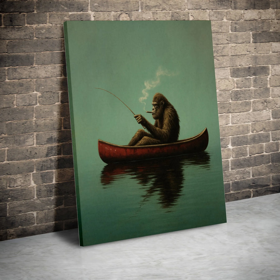 Bigfoot Fishing Wall Art | Funny Sasquatch Smoking Cigar in Red Canoe | Premium Gallery Wrap Canvas | Unique Cabin & Office Decor Gift