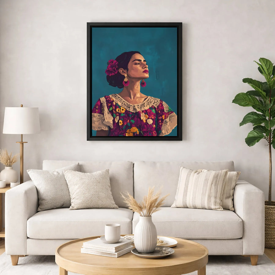 Latina Woman Portrait Canvas Wall Art | Floral Traditional Dress Painting | Premium Gallery Wrap Print | Cultural Home Decor Gift