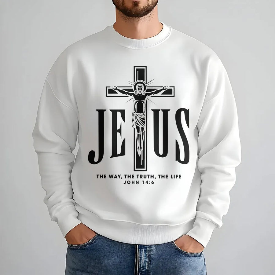 Jesus Cross Sweatshirt | John 14:6 Bible Verse Graphic | Premium Cotton Blend | Christian Faith Apparel Gift for Men and Women