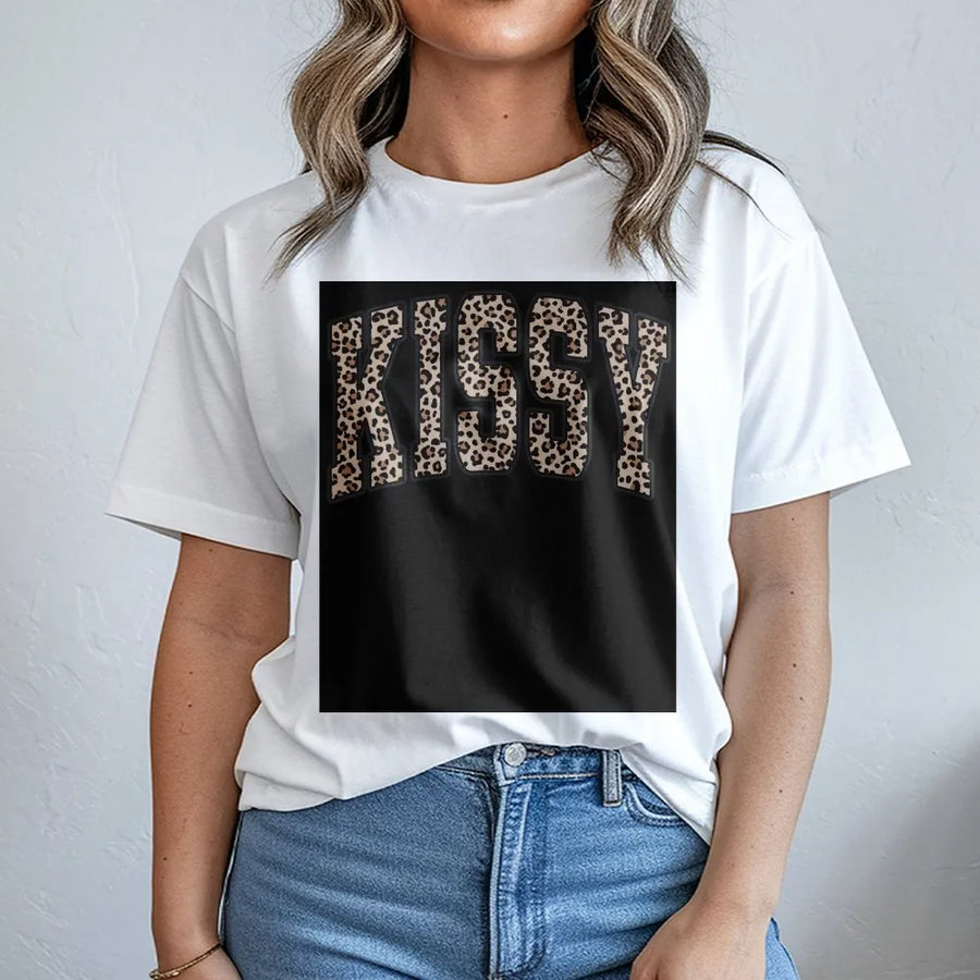 Kissy Leopard Print Shirt | Varsity Letter Cheetah Graphic Tee | Soft Cotton Unisex Top | Trendy Aesthetic Streetwear Gift for Her