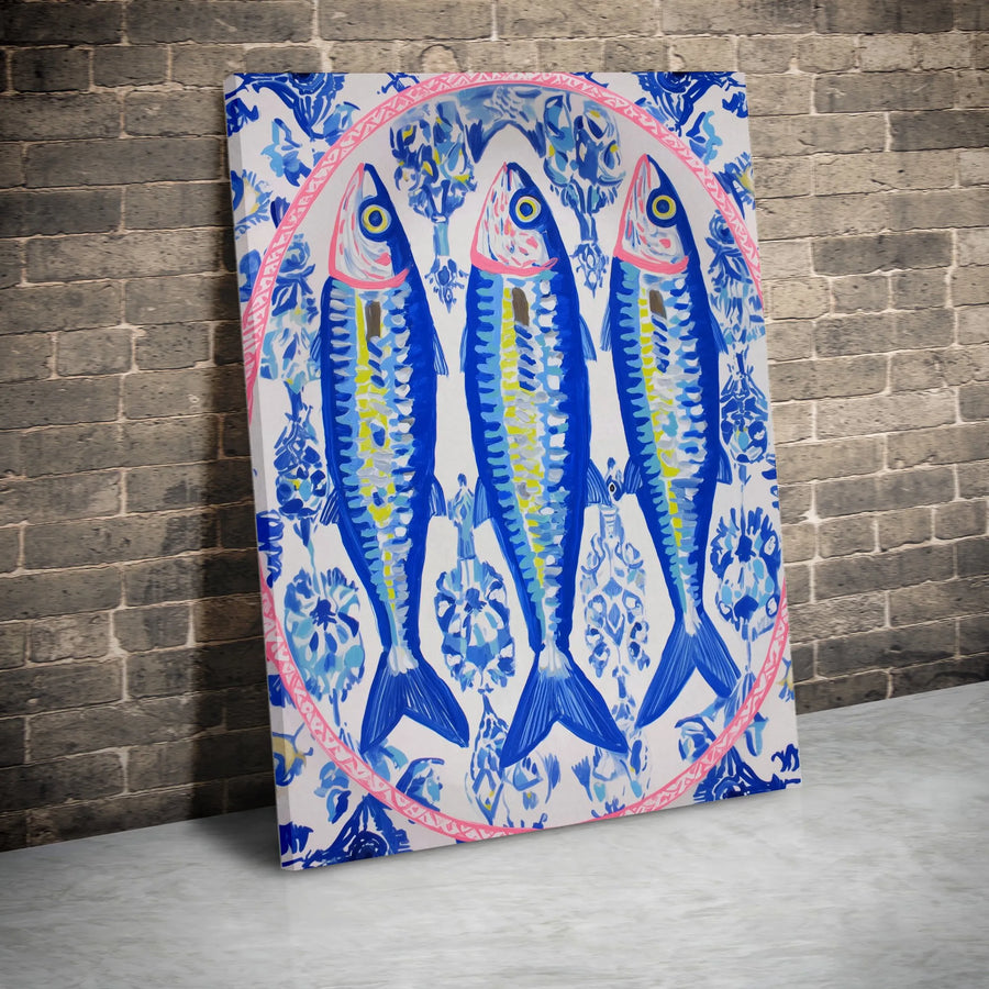 Three Blue Sardines Canvas Art | Portuguese Tile Pattern Print | Premium Gallery-Wrapped 1.25" Profile | Coastal Kitchen Wall Decor