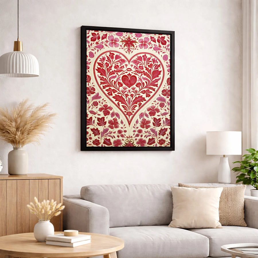Victorian Floral Heart Canvas Print | Ornate Botanical Red And Pink Wall Art | Premium Gallery-Wrapped Decor | Romantic Anniversary Gift for Her