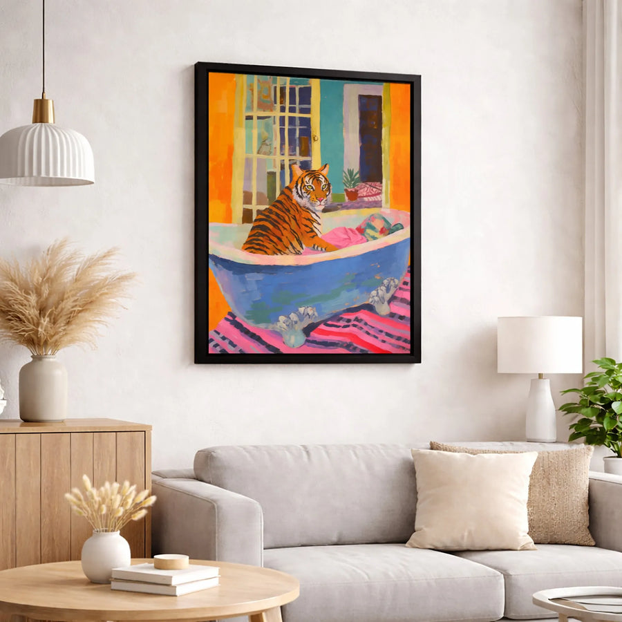 Tiger in Bathtub Canvas Art | Whimsical Animal Oil Painting Style | Premium Fade-Resistant Print | Fun Maximalist Home Decor Wall Gift