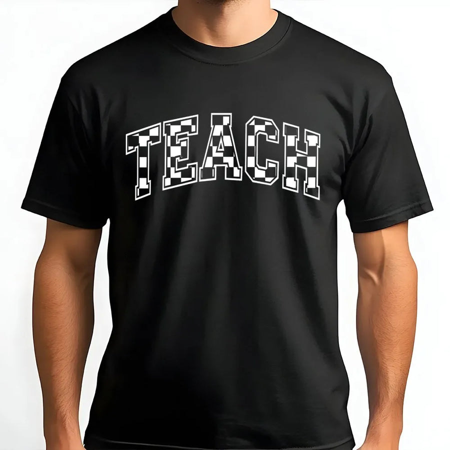 Teach T-Shirt | Checkered Varsity Letter Graphic | Premium Soft Cotton Tee | Teacher Appreciation Gift for Educators, School Staff, Back to School