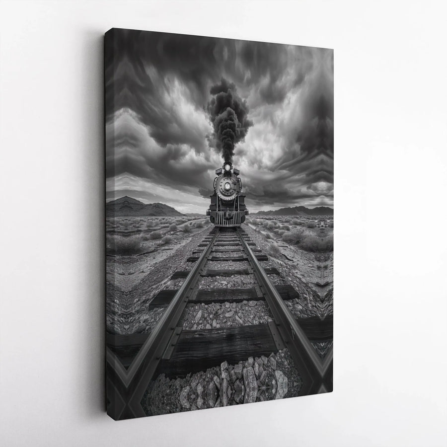 Steam Train Canvas Wall Art | Dramatic Black and White Locomotive Photography | Premium Gallery Wrap Print | Industrial Home Office Decor