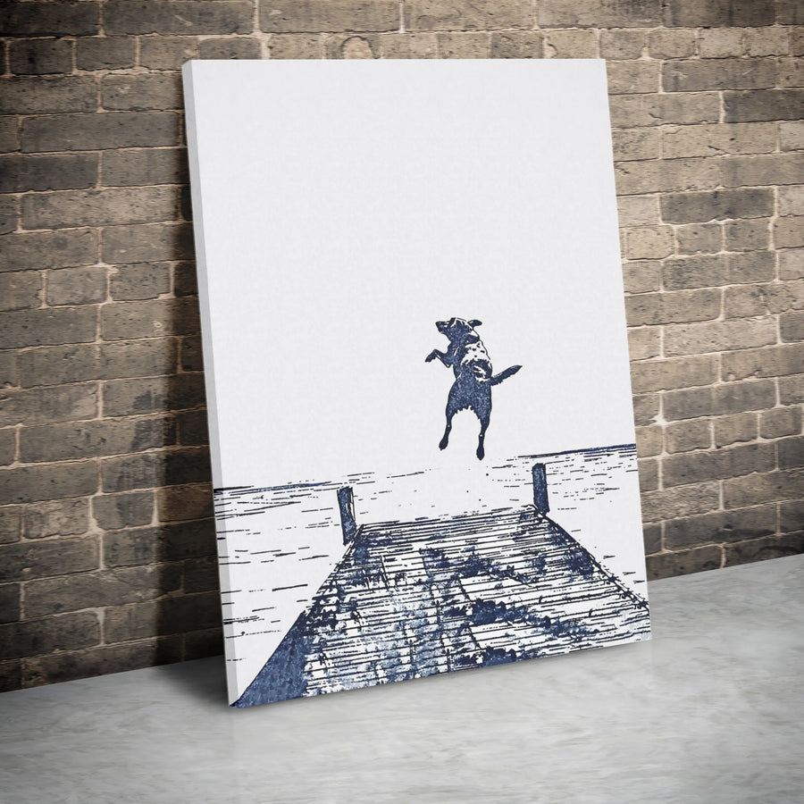 Dog Jumping Off Pier Canvas | Minimalist Lake House Sketch Art | Gallery Quality 1.25 Inch Wrap | Premium Gift for Pet Lovers