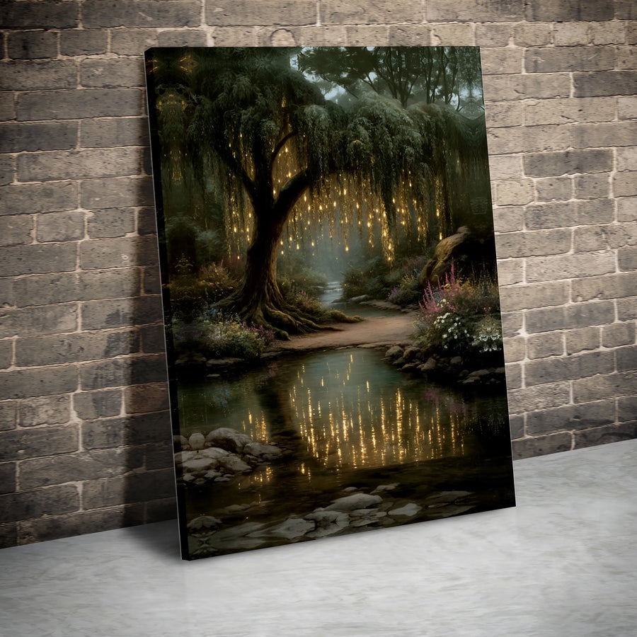 Enchanted Forest Canvas Print | Weeping Willow With Fairy Lights Wall Art | Premium Gallery Wrapped | Whimsical Nature Home Decor Gift