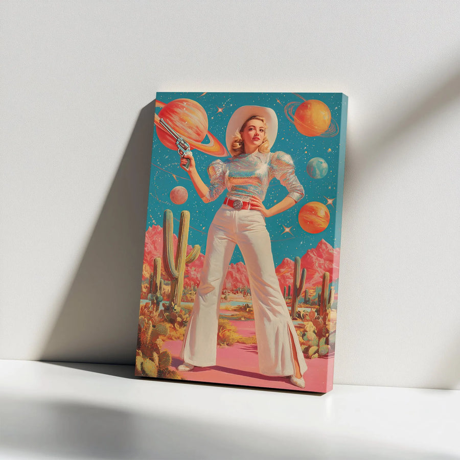 Space Cowgirl Canvas Print | Retro Sci-Fi Western Art | Premium Gallery Wrapped Canvas | Eclectic Home Decor Gift