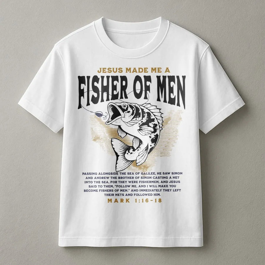 Fisher Of Men T-Shirt | Bible Verse Mark 1:16-18 Graphic Print | 100% Soft Cotton Premium Tee | Christian Fishing Gift For Men And Women
