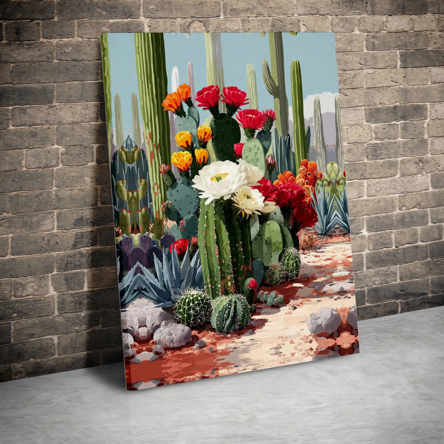 Cactus Wall Art Canvas Print | Vibrant Blooming Desert Garden Illustration | Premium Gallery Wrapped Canvas | Southwestern Home Decor Gift
