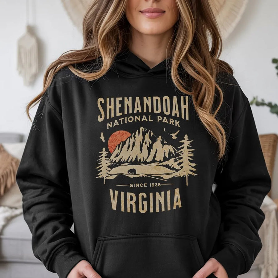 Shenandoah National Park Hoodie | Retro Mountain Forest Graphic | Premium Cotton Blend | Gift for Hikers, Nature Lovers & Virginia Travelers