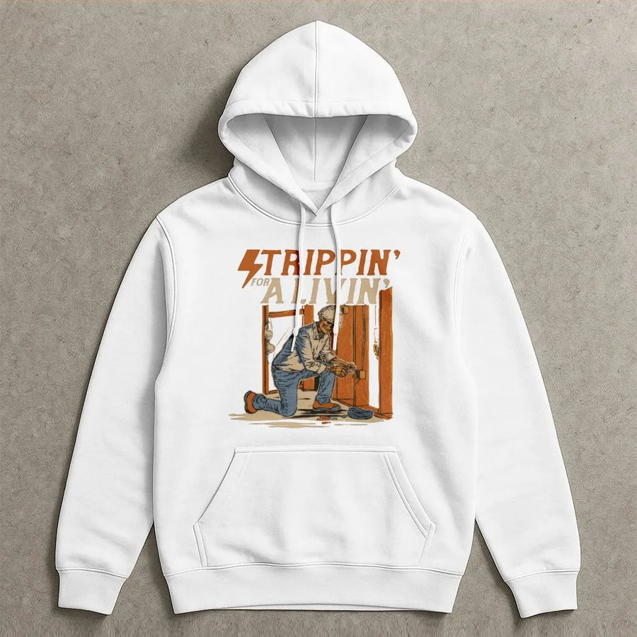 Electrician Hoodie | Strippin' For A Livin' Skeleton Graphic | Premium Cotton Blend | Funny Gift for Electrical Worker and Tradesman