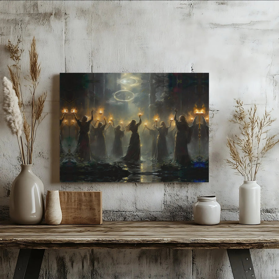 Mystical Ritual Canvas Wall Art | Dark Fantasy Robed Figures Decor | Premium Gallery Wrap Print | Gothic Home Decor for Witchy Aesthetic
