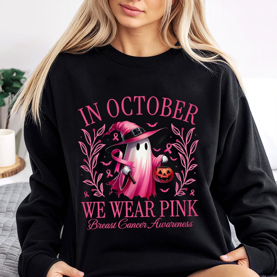 Breast Cancer Awareness Sweatshirt | In October We Wear Pink Ghost Design | Premium Cotton Blend | Halloween Cancer Support Gift For Her