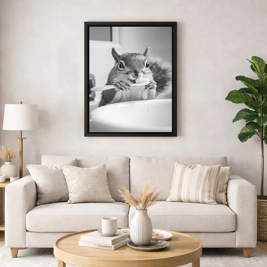 Squirrel Brushing Teeth Wall Art | Black and White Animal Photography | Premium 1.25 Inch Canvas Print | Whimsical Bathroom Decor Gift