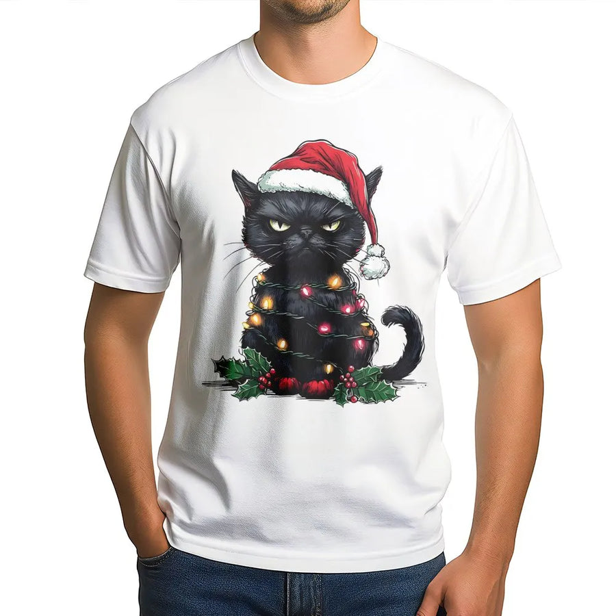 Black Cat Christmas T-Shirt | Grumpy Kitten with Holiday Lights Graphic | Soft Cotton Premium Tee | Funny Cat Lover Gift for Holidays