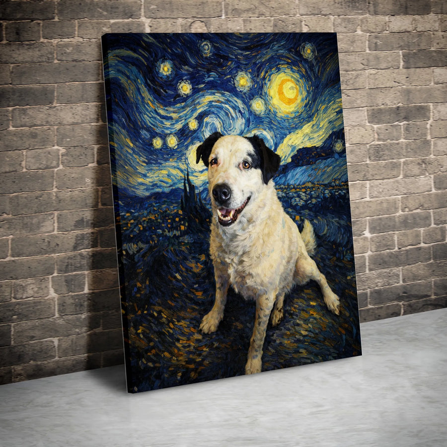 Dog Starry Night Canvas Wall Art | Van Gogh Style Painting Parody | Premium Gallery Wrap Canvas | Unique Gift for Pet Owner