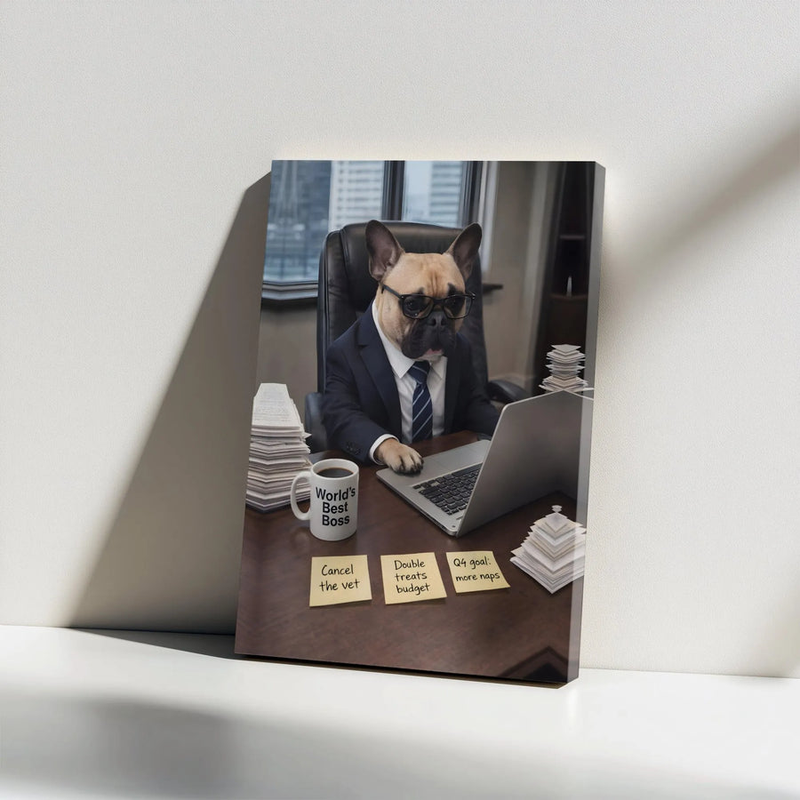 French Bulldog Boss Canvas Print | Funny Dog Office Desk Wall Art | Premium Gallery Wrap Decor | Professional Animal Gift for Coworker