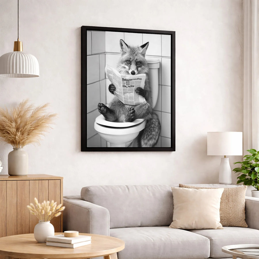 Fox on Toilet Reading Newspaper Canvas | Funny Animal Bathroom Wall Art | Premium Gallery Wrapped Print | Quirky Gift for Bathroom Decor