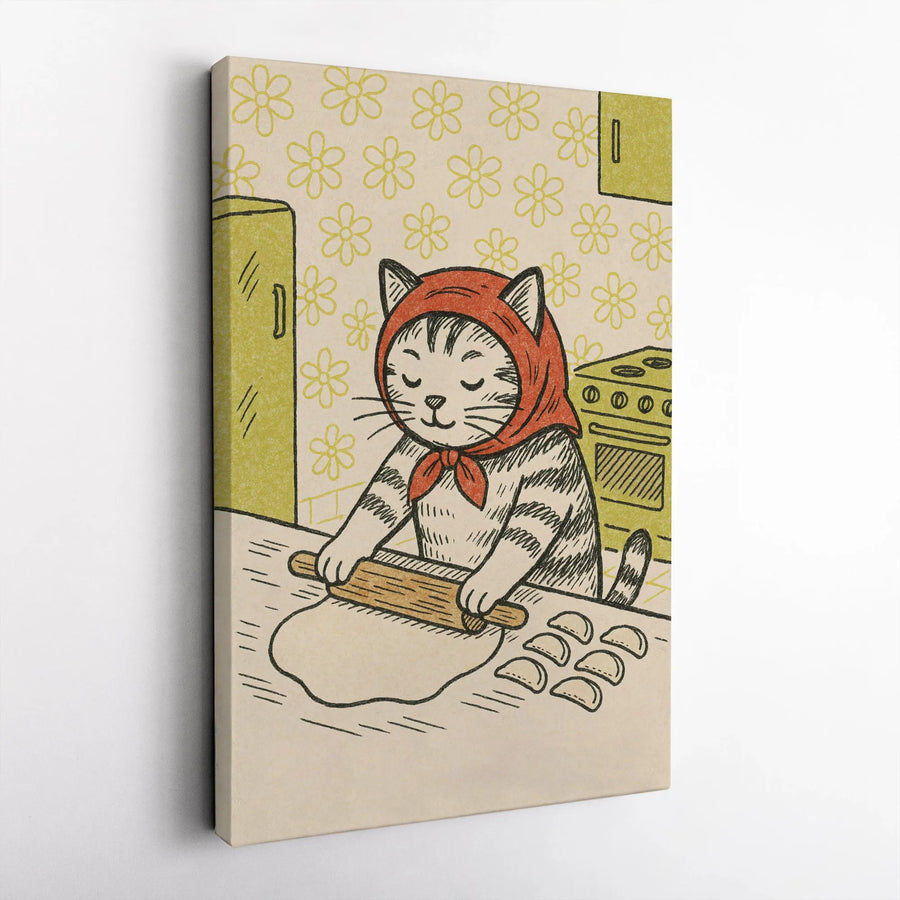 Vintage Cat Kitchen Wall Art | Whimsical Babushka Dumpling Chef | Premium Gallery Wrap Canvas | Unique Gift For Cat Lovers & Home Decor