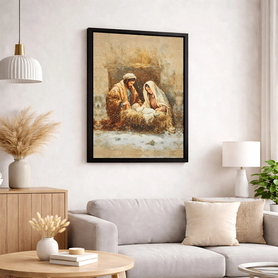Nativity Scene Canvas Wall Art | Snowy Holy Family Religious Decor | Premium Gallery Wrap Print | Christian Christmas Gift For Home