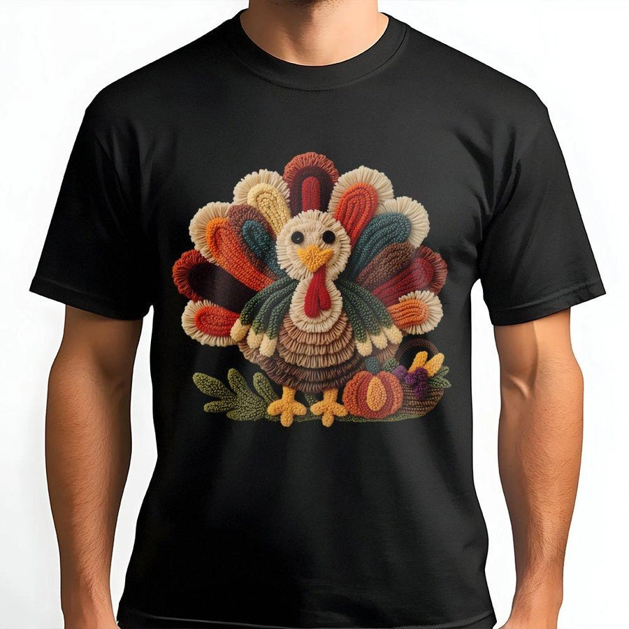 Thanksgiving Turkey T-Shirt | Textured Thread Art Graphic Tee | 100% Cotton Premium Comfort | Cute Fall Festive Gift for Women and Family