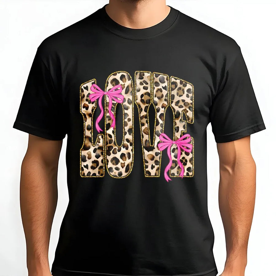 Love Leopard Print T-Shirt | Coquette Aesthetic Bow Graphic Tee | Premium Cotton Casual Shirt | Cute Valentine’s Day Gift For Her