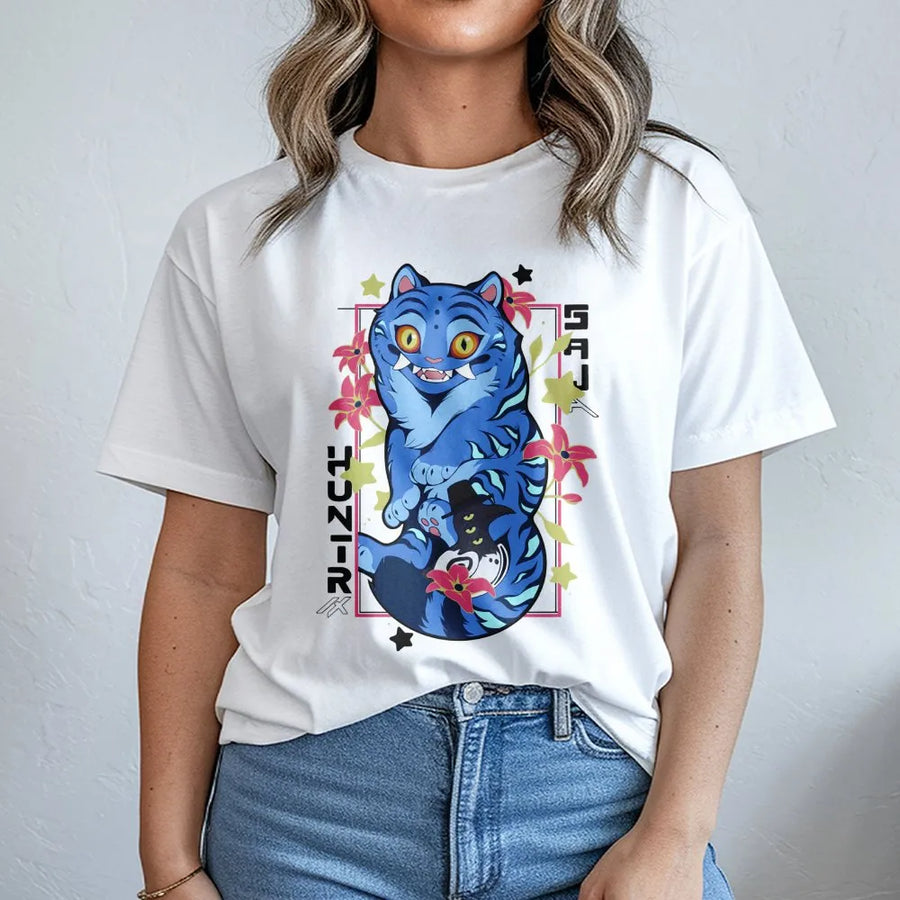 Cute Tiger Graphic T-Shirt | Anime Style Blue Cat Design | Premium Soft Cotton | Y2K Streetwear Apparel for Anime Lovers