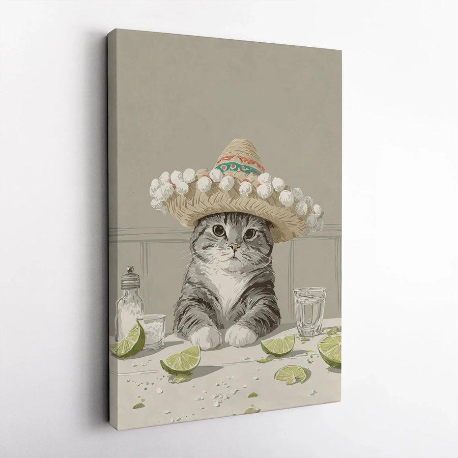Sombrero Cat Canvas Wall Art | Funny Tabby Kitten With Tequila & Lime | Premium Gallery Wrapped Print | Unique Kitchen Bar Decor Gift