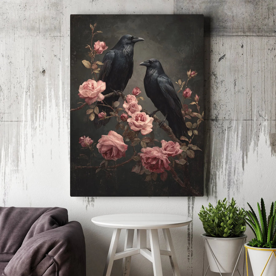 Gothic Raven Wall Art | Moody Crow and Pink Roses Painting | Premium Gallery Wrap Canvas | Dark Academia Home Decor Gift