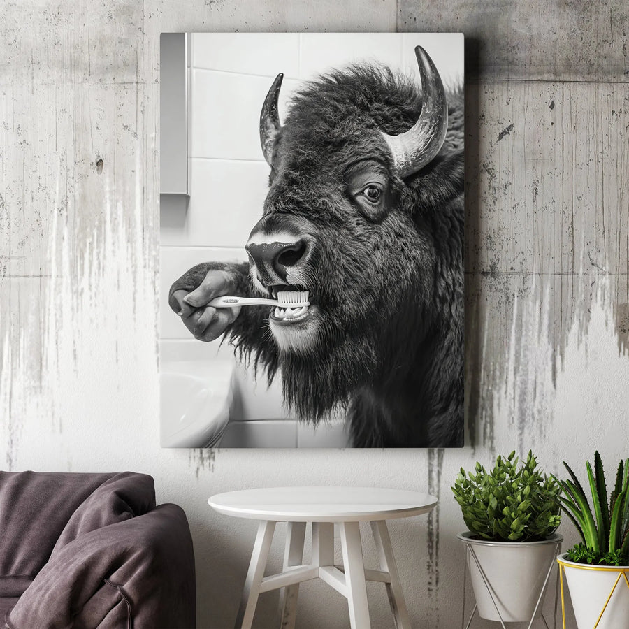 Bison Brushing Teeth Bathroom Wall Art | Funny Animal Portrait | Premium Gallery Wrapped Canvas | Whimsical Home Decor Gift