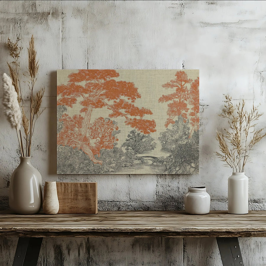 Japanese Landscape Canvas Wall Art | Vintage Etched Pine Trees & Bridge | Premium Gallery Wrap Print | Zen Home Decor & Office Gift