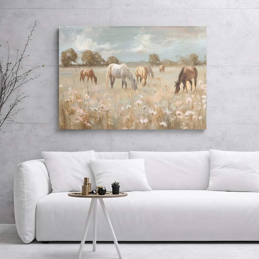 Horse Canvas Wall Art | Pastoral Grazing Meadow Oil Painting Style | 1.25-Inch Gallery Wrap Premium Print | Equestrian Home Decor Gift