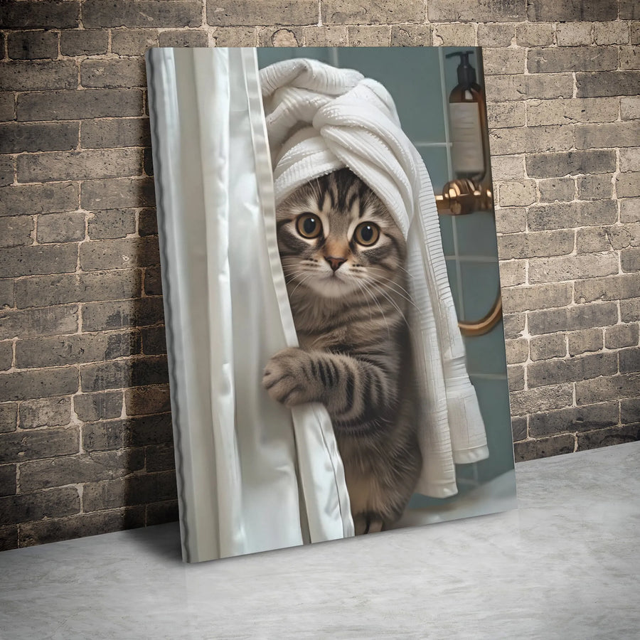 Cute Tabby Cat Canvas Print | Funny Shower Peeking Kitten Wall Art | 1.25” Gallery Wrapped Premium Decor | Bathroom Wall Decor for Cat Lovers