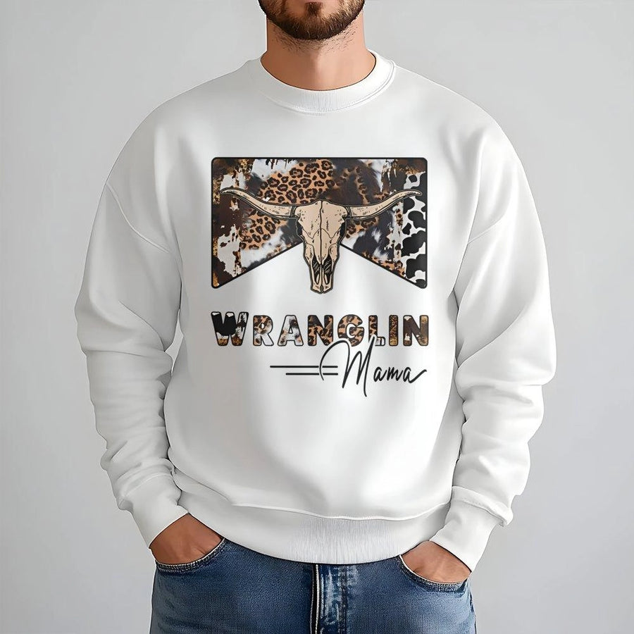 Wranglin Mama Sweatshirt | Western Cow Skull Leopard Print Design | Premium Cotton Blend | Country Cowgirl Gift for Women