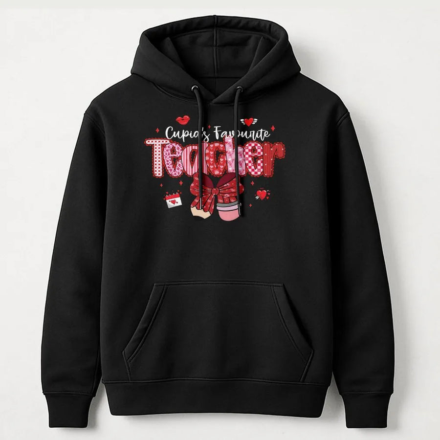 Cupid's Favorite Teacher Hoodie | Retro Valentine Pencil & Bow Design | Soft Cotton Blend Pullover | Cute Valentine's Day Teacher Gift