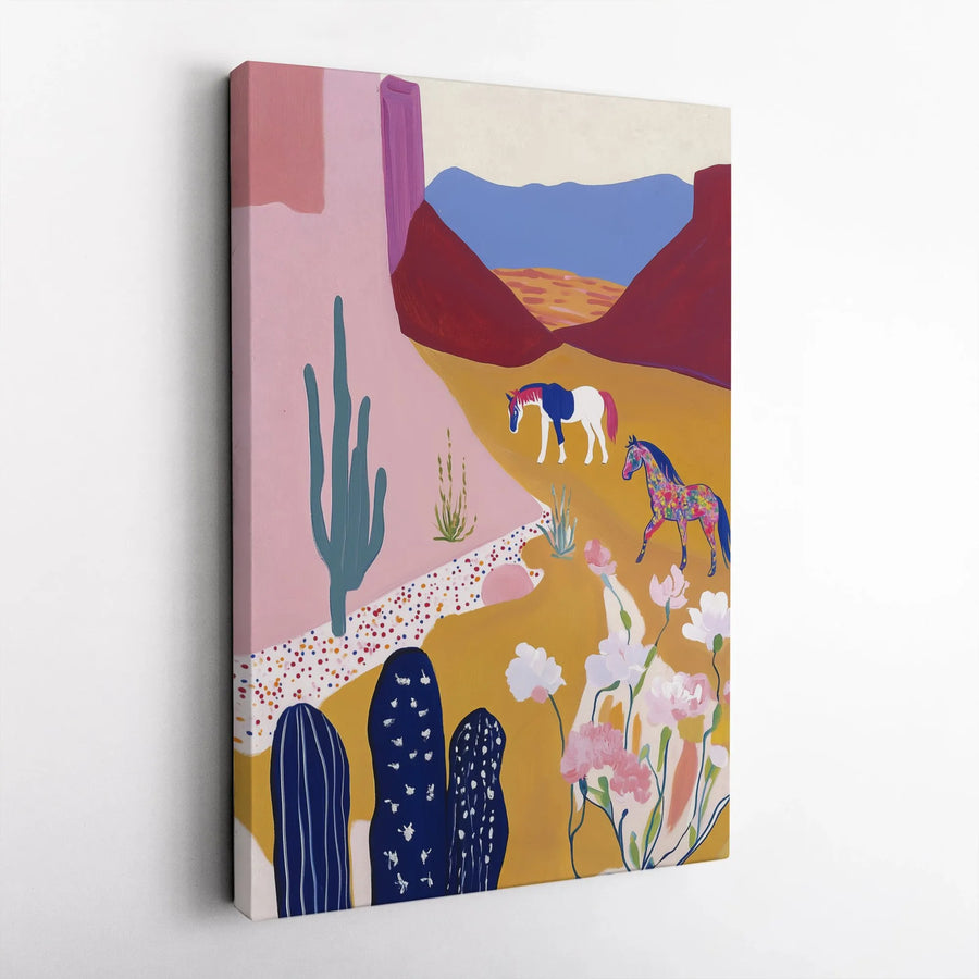 Southwestern Desert Canvas Wall Art | Colorful Horses Cactus Landscape | 1.25 Inch Premium Gallery Wrap | Modern Boho Home Decor Gift