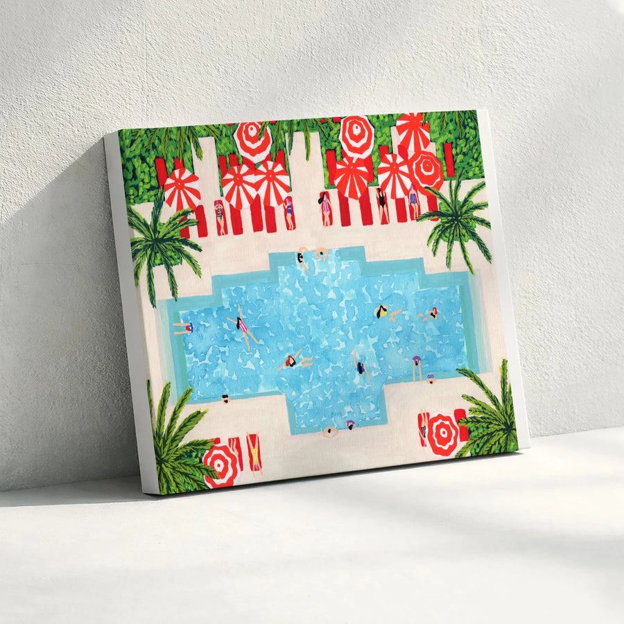 Miami Poolside Canvas Wall Art | Vintage Aerial View Pool Scene | Premium Canvas Print | Collector's Beach House Decor