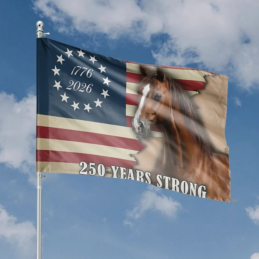USA 250th Anniversary Flag | Vintage Horse & Betsy Ross Design | Double Sided Polyester | Patriotic Home Decor Gift