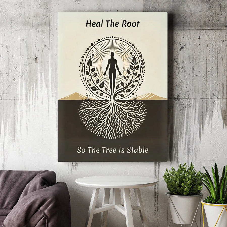 Heal The Root Canvas Wall Art | Tree of Life Inspirational Quote Print | Premium Gallery Wrapped Canvas | Spiritual Gift for Yoga Studio & Meditation Room Decor