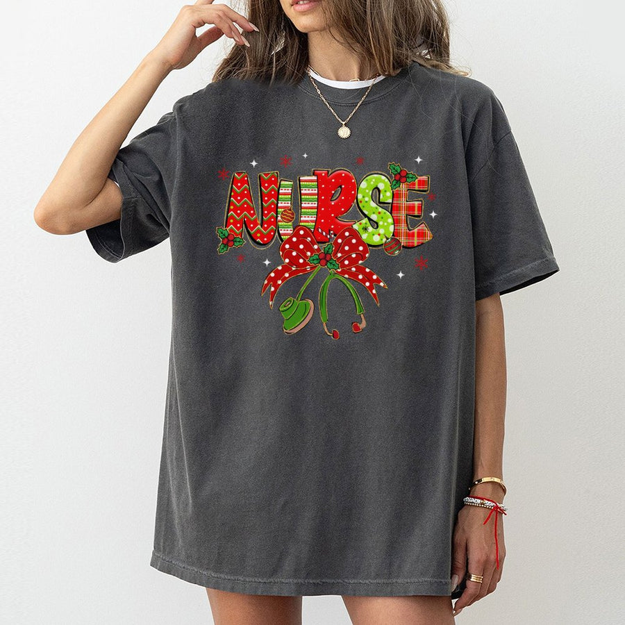 Christmas Nurse T-Shirt | Festive Plaid Stethoscope Graphic | 100% Cotton Premium Tee | Unique Holiday Gift for RN LPN Nursing Students