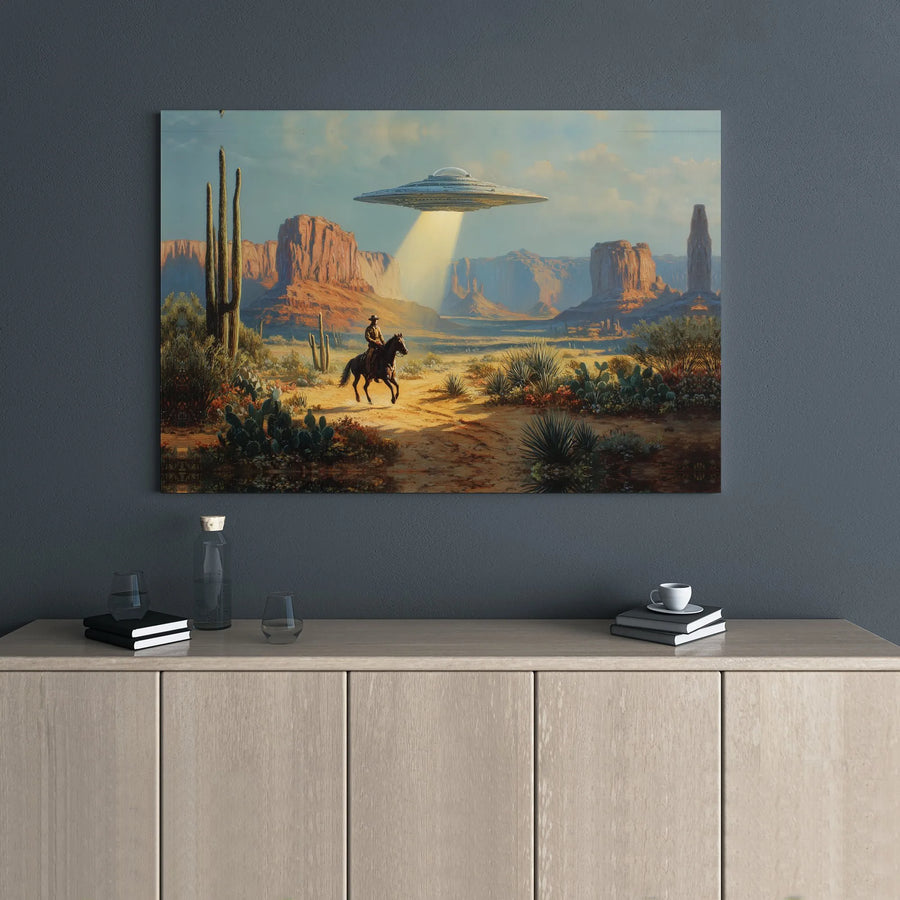 Cowboy UFO Western Wall Art | Alien Abduction Desert Landscape Canvas | Premium Gallery Wrap Print | Unique Sci-Fi Home Decor Gift
