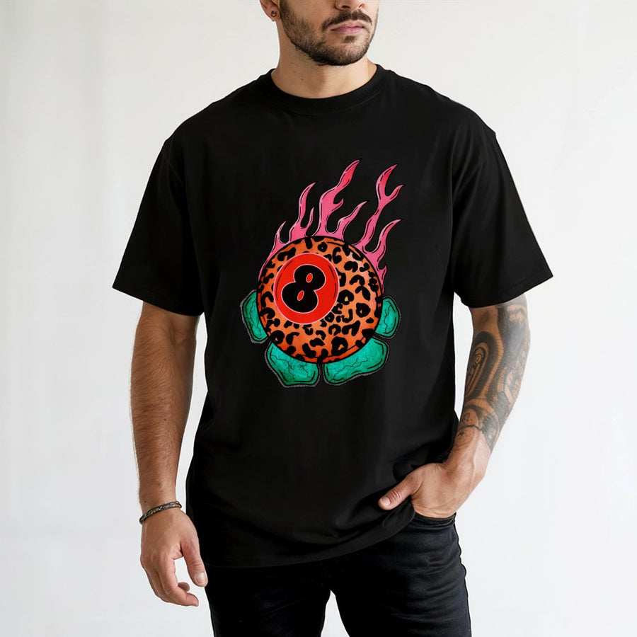 8 Ball T-Shirt | Leopard Print Flame Graphic Tee | Premium 100% Cotton Shirt | Retro Billiards Player Gift For Men And Women